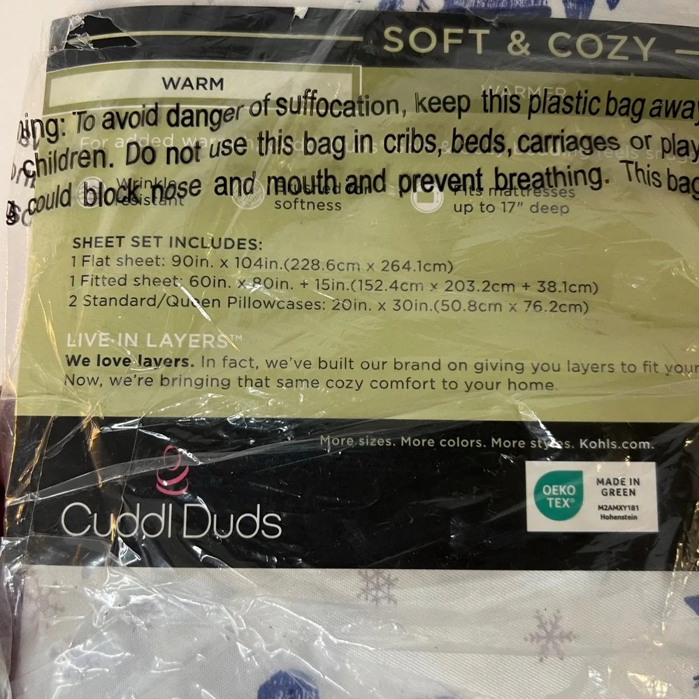 Cuddl Duds Soft & Cozy Brushed Queen Sheet Set Snowmen Trees White‎ Blue NIP
